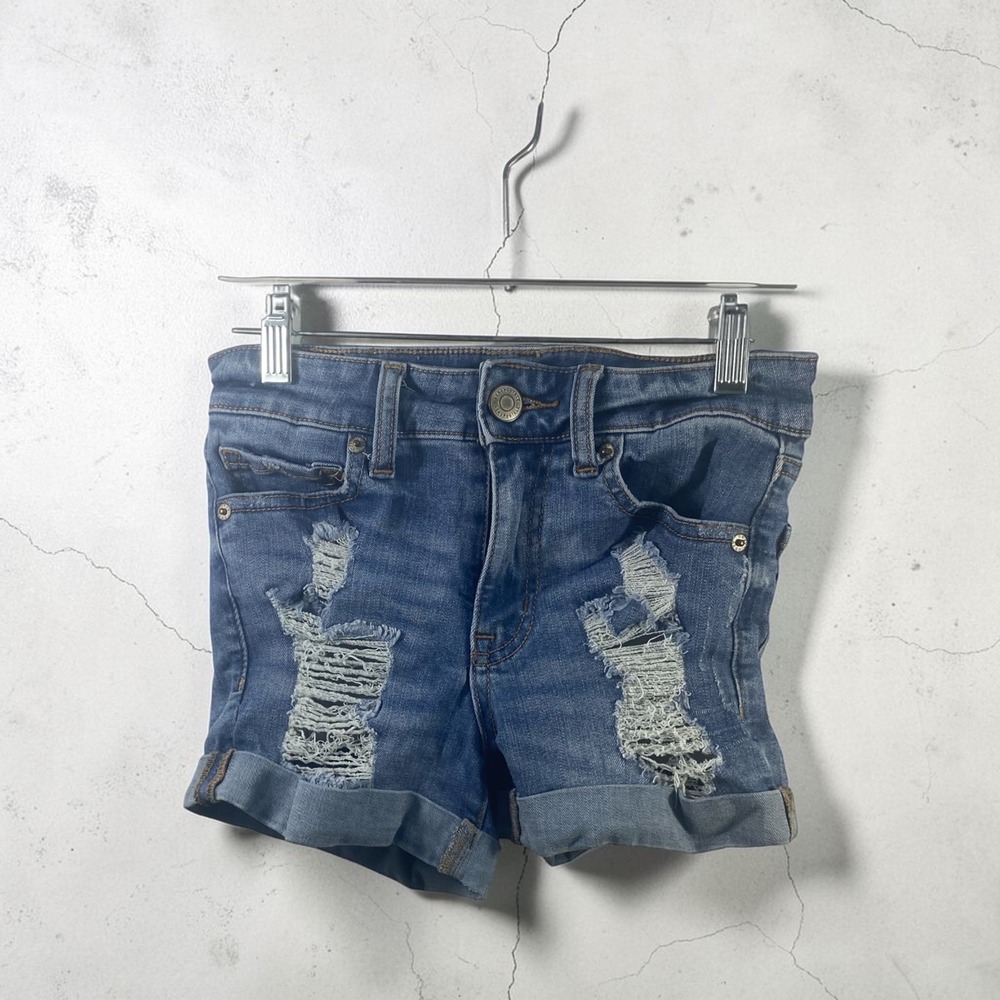 Aeropostale High Rise Midi Distressed Denim Shorts Blue Size 000 Cuffed Edgy